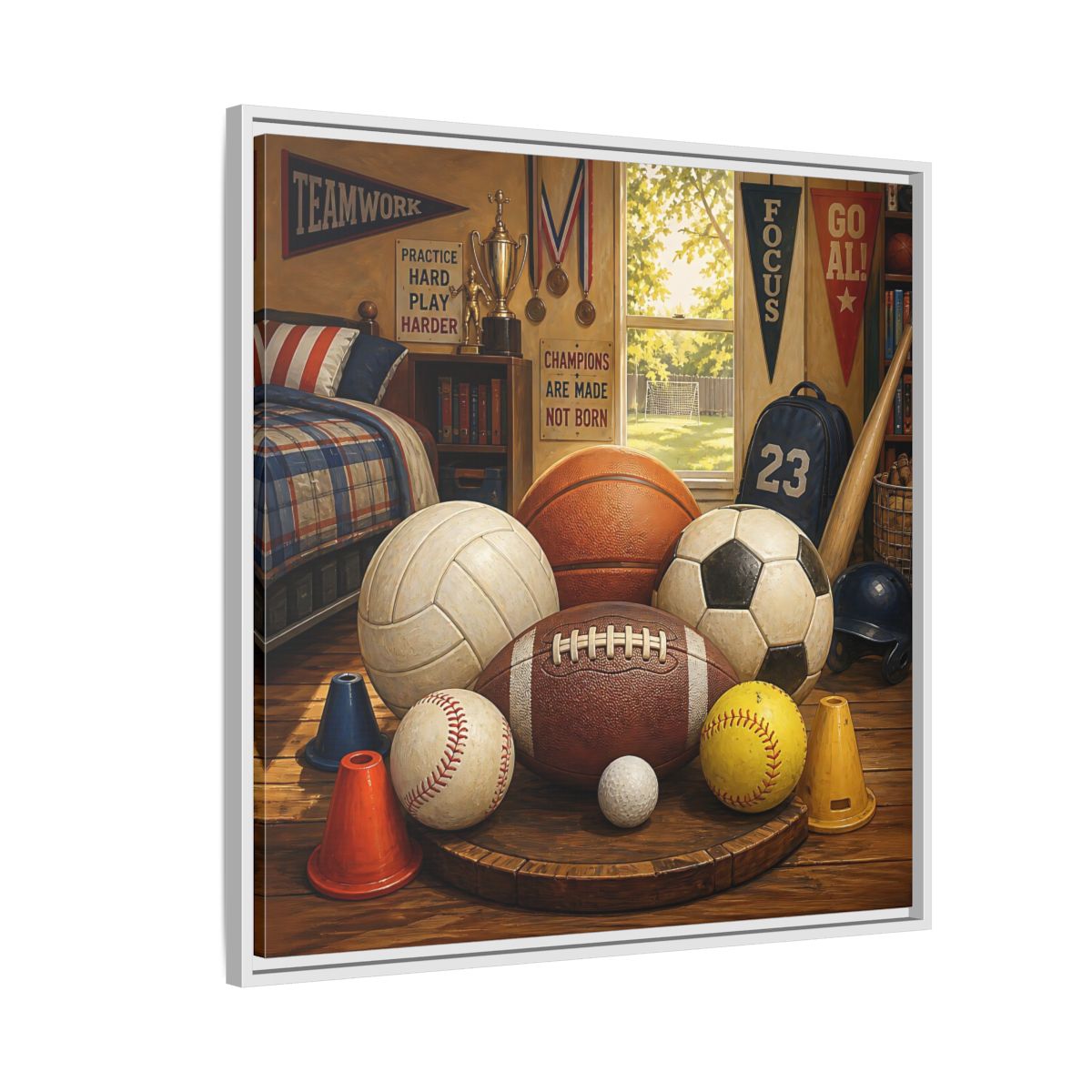 Side Mockup 7. Sports Sports Equipment Sports Room Decor shown as framed canvas print