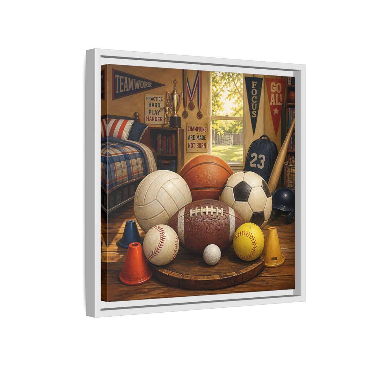 Side Mockup 13. Sports Sports Equipment Sports Room Decor shown as framed canvas print