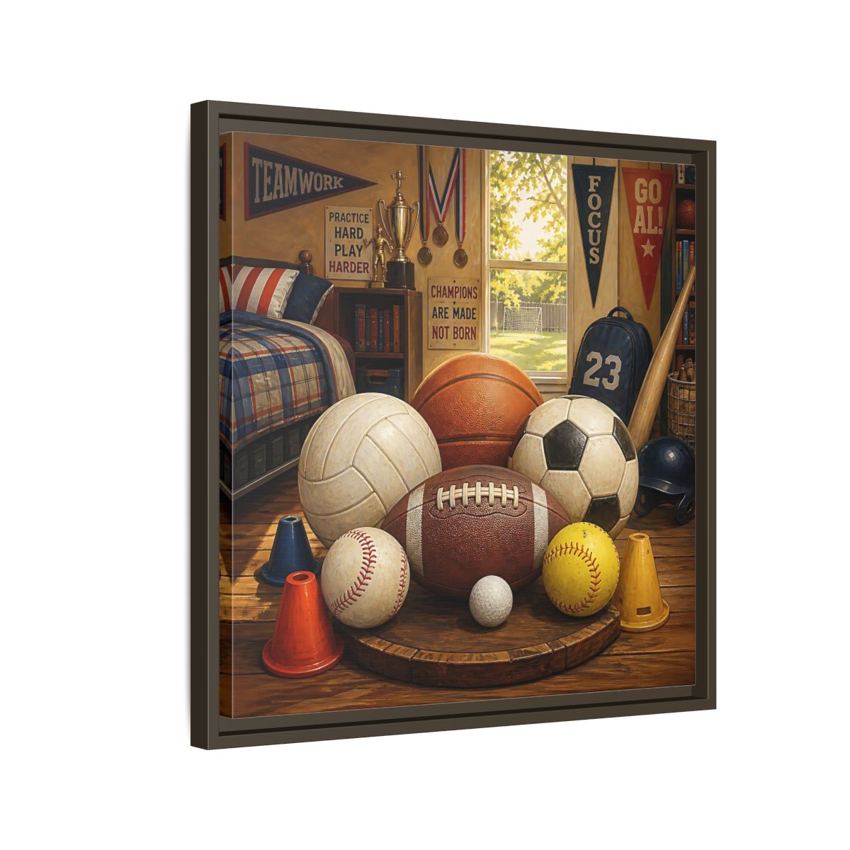 Side Mockup 11. Sports Sports Equipment Sports Room Decor shown as framed canvas print