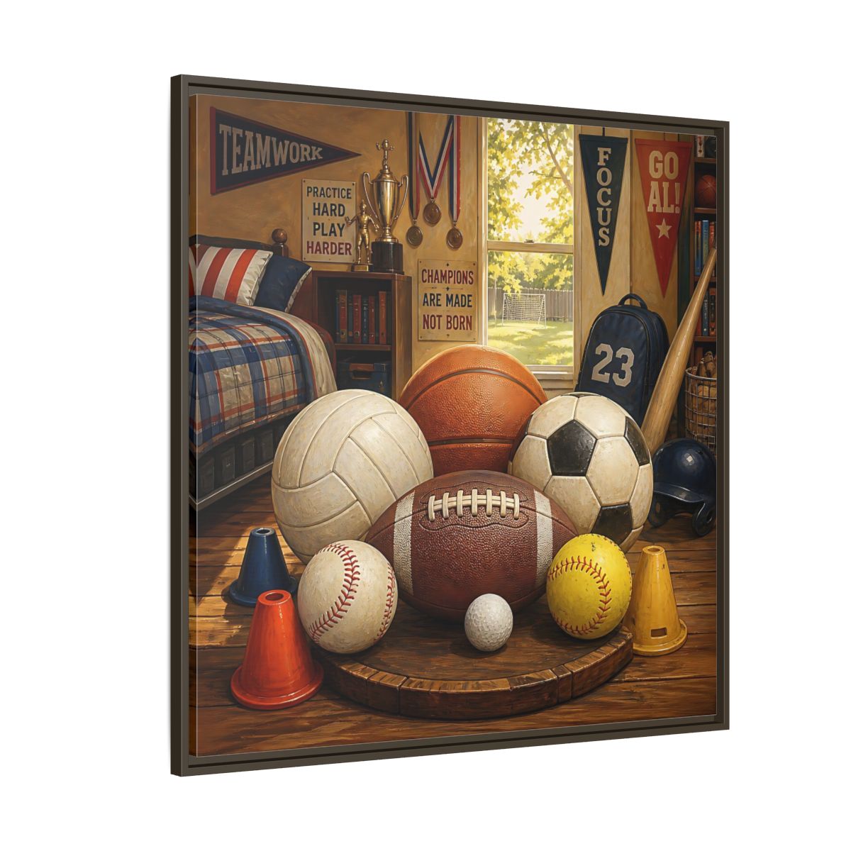 Side Mockup 5. Sports Sports Equipment Sports Room Decor shown as framed canvas print
