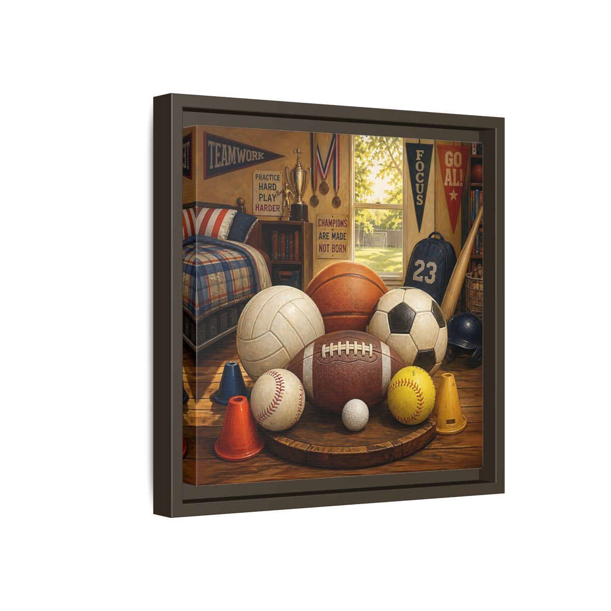 Side Mockup 17. Sports Sports Equipment Sports Room Decor shown as framed canvas print
