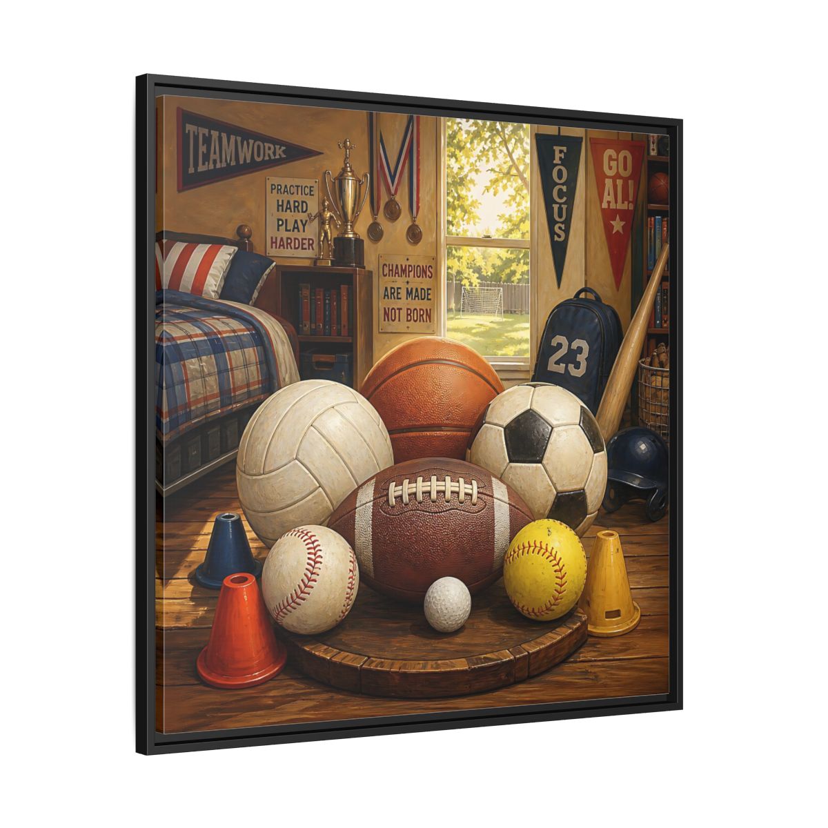 Side Mockup 30. Sports Sports Equipment Sports Room Decor shown as framed canvas print