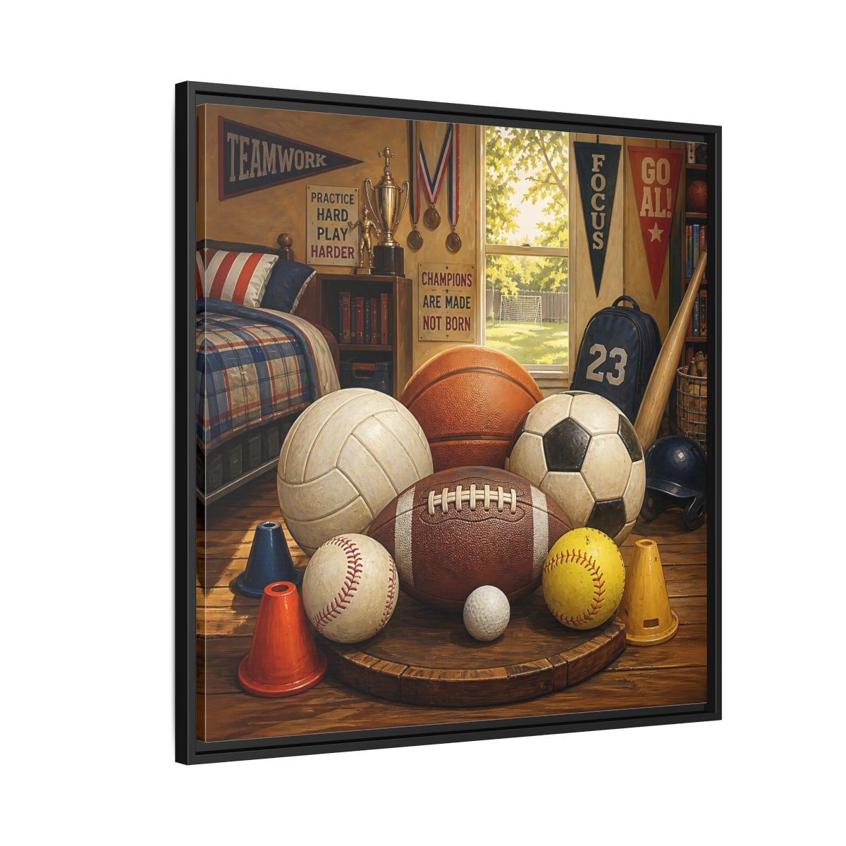 Side Mockup 9. Sports Sports Equipment Sports Room Decor shown as framed canvas print