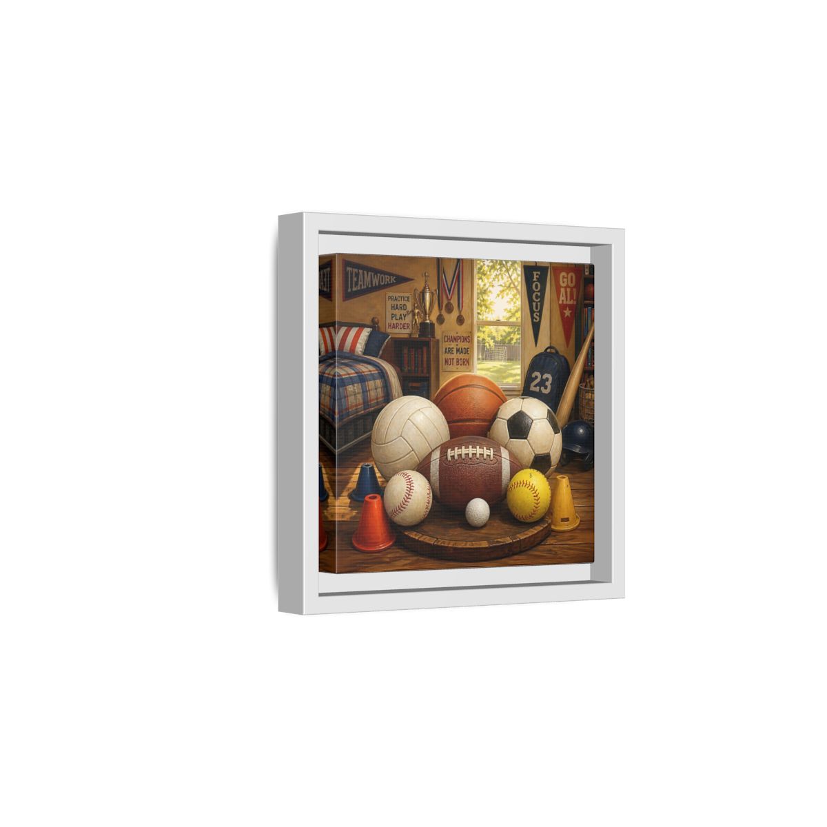 Side Mockup 1. Sports Sports Equipment Sports Room Decor shown as framed canvas print