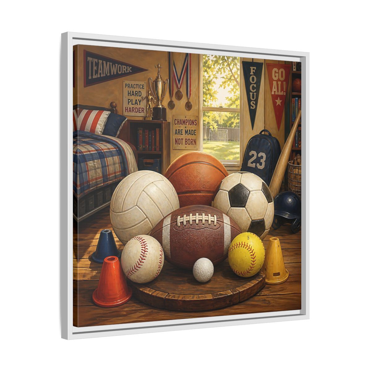 Side Mockup 26. Sports Sports Equipment Sports Room Decor shown as framed canvas print