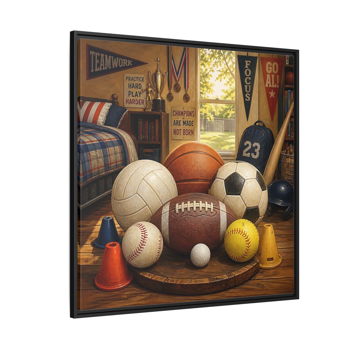 Side Mockup 6. Sports Sports Equipment Sports Room Decor shown as framed canvas print