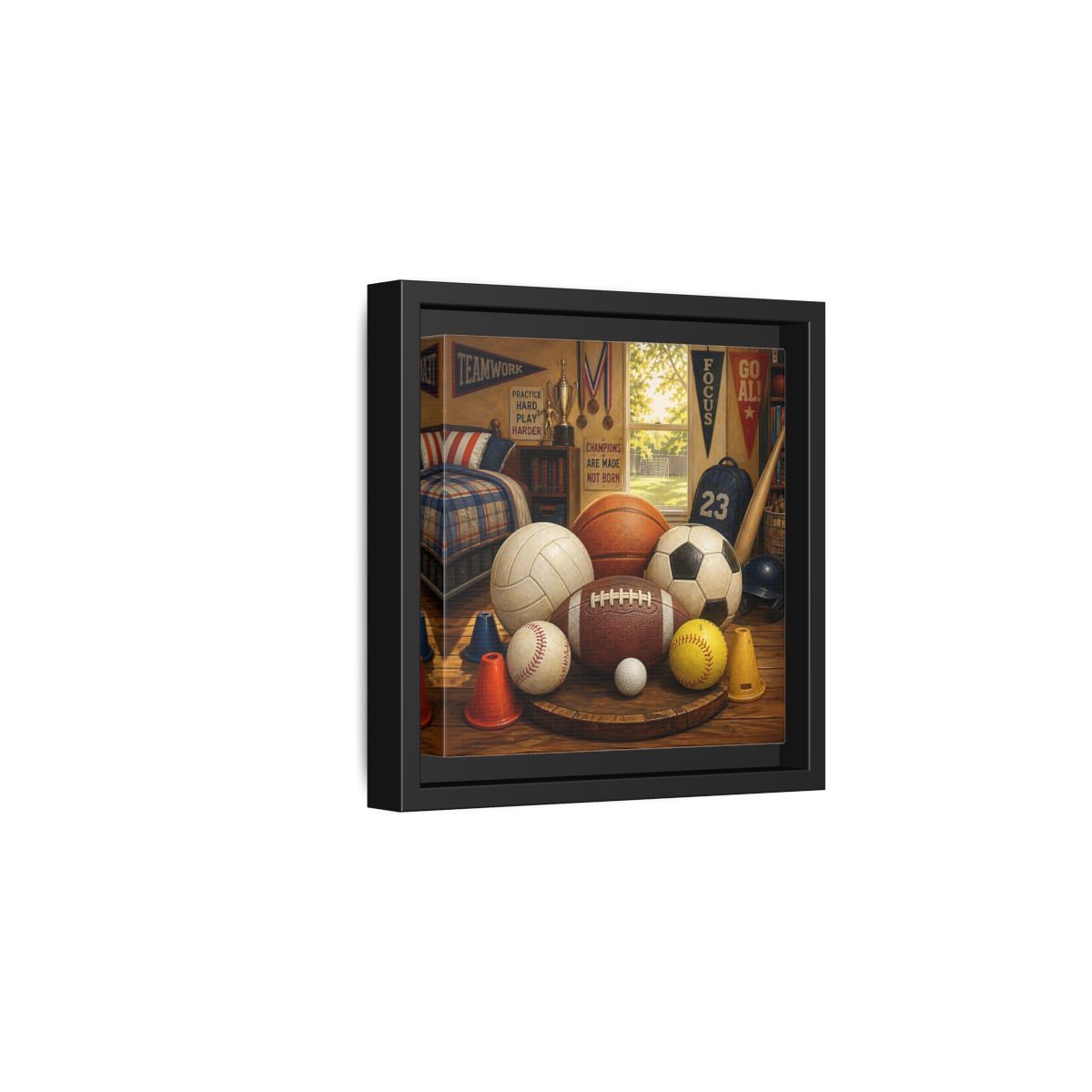 Side Mockup 3. Sports Sports Equipment Sports Room Decor shown as framed canvas print