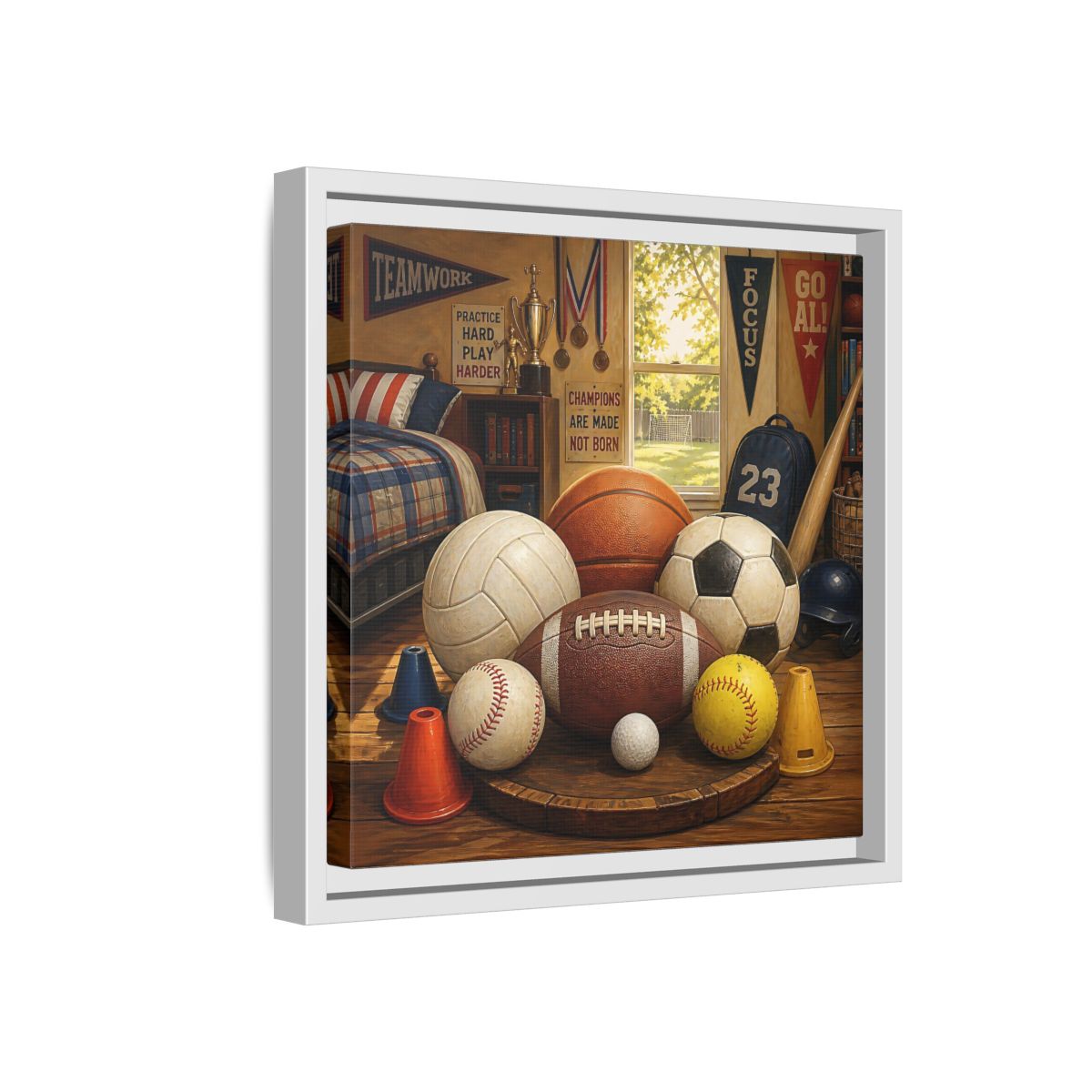 Side Mockup 16. Sports Sports Equipment Sports Room Decor shown as framed canvas print