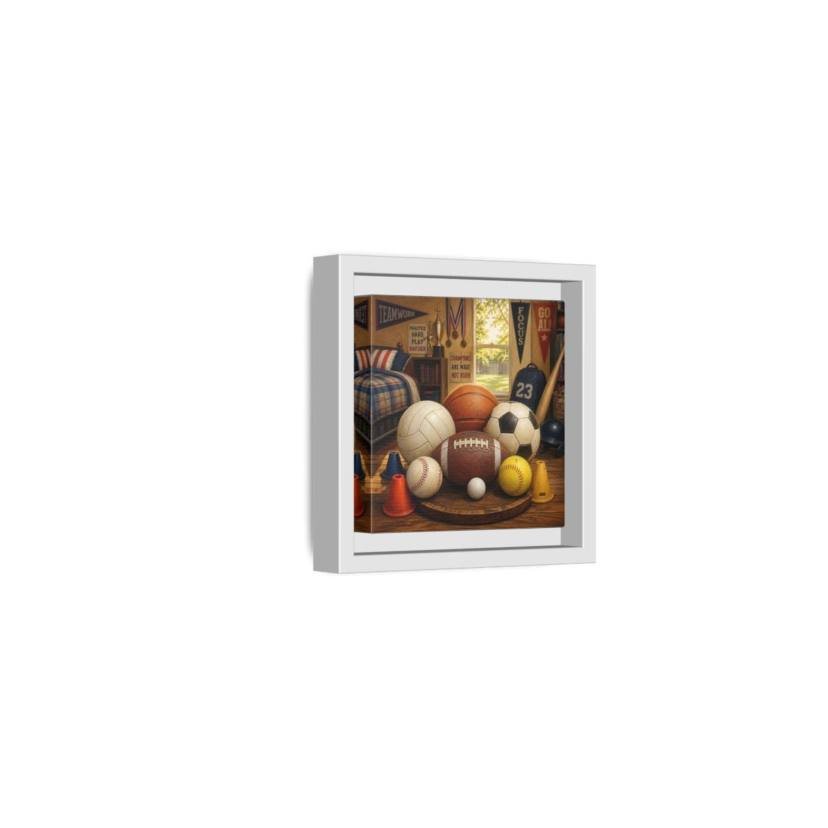 Side Mockup 22. Sports Sports Equipment Sports Room Decor shown as framed canvas print