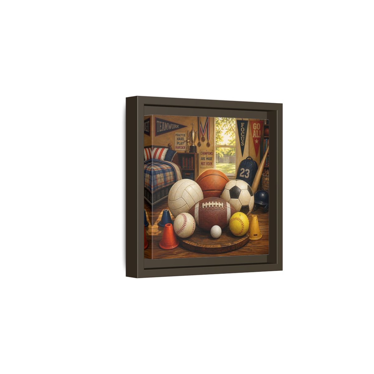 Side Mockup 2. Sports Sports Equipment Sports Room Decor shown as framed canvas print
