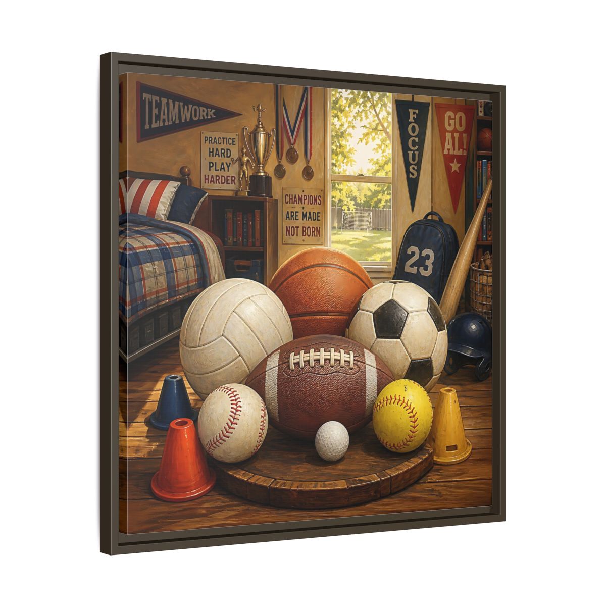 Side Mockup 27. Sports Sports Equipment Sports Room Decor shown as framed canvas print