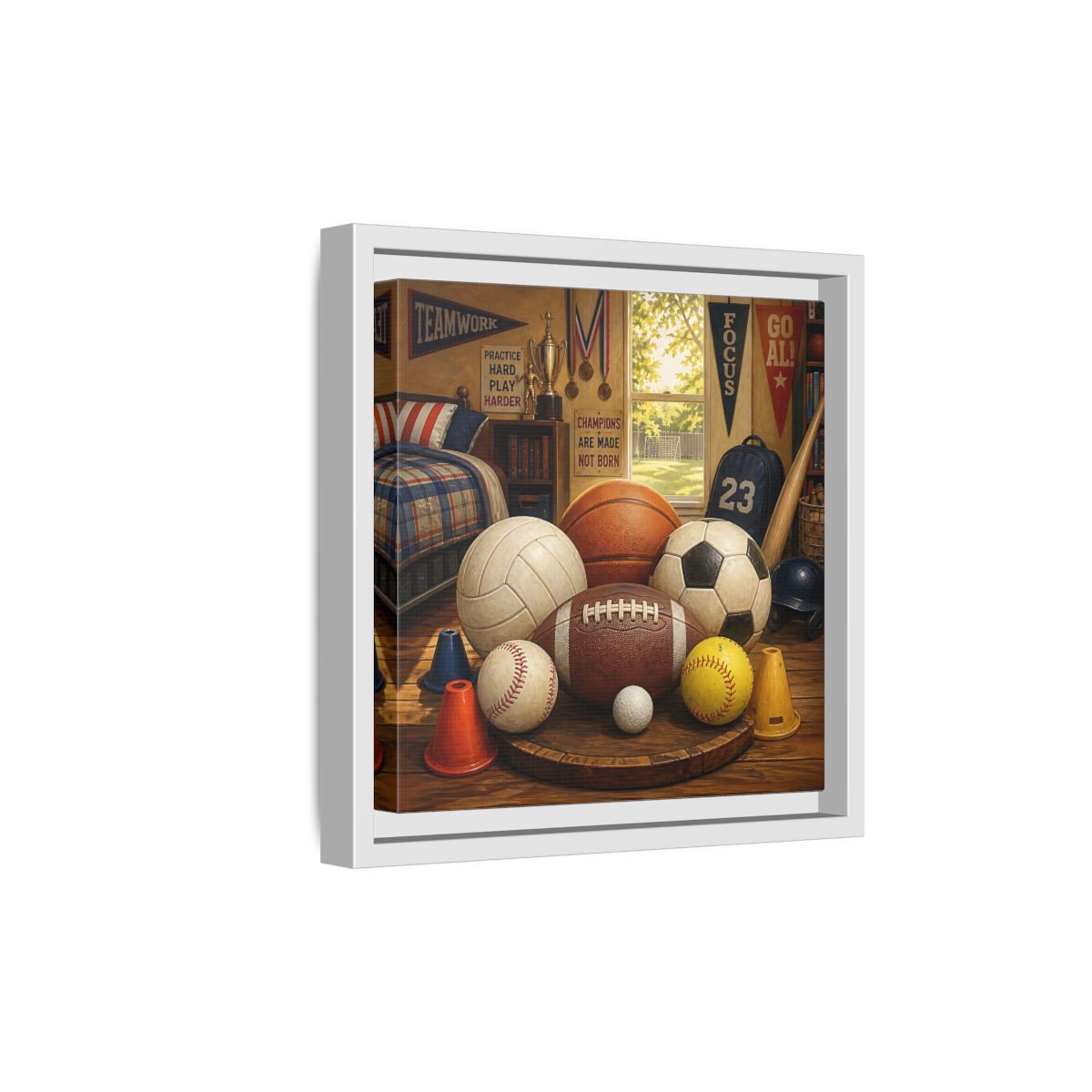 Side Mockup 19. Sports Sports Equipment Sports Room Decor shown as framed canvas print