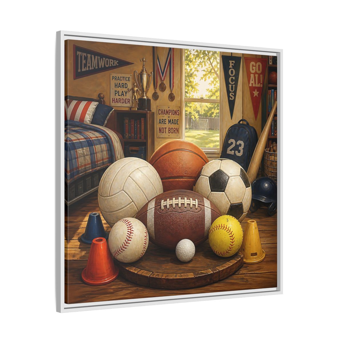 Side Mockup 25. Sports Sports Equipment Sports Room Decor shown as framed canvas print