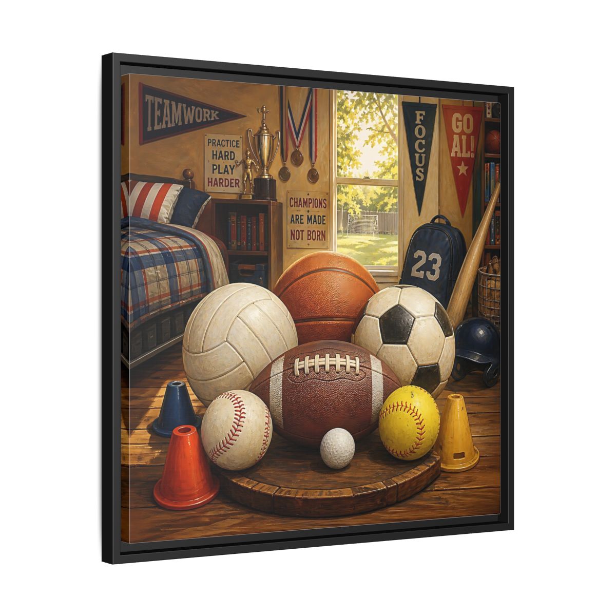 Side Mockup 31. Sports Sports Equipment Sports Room Decor shown as framed canvas print