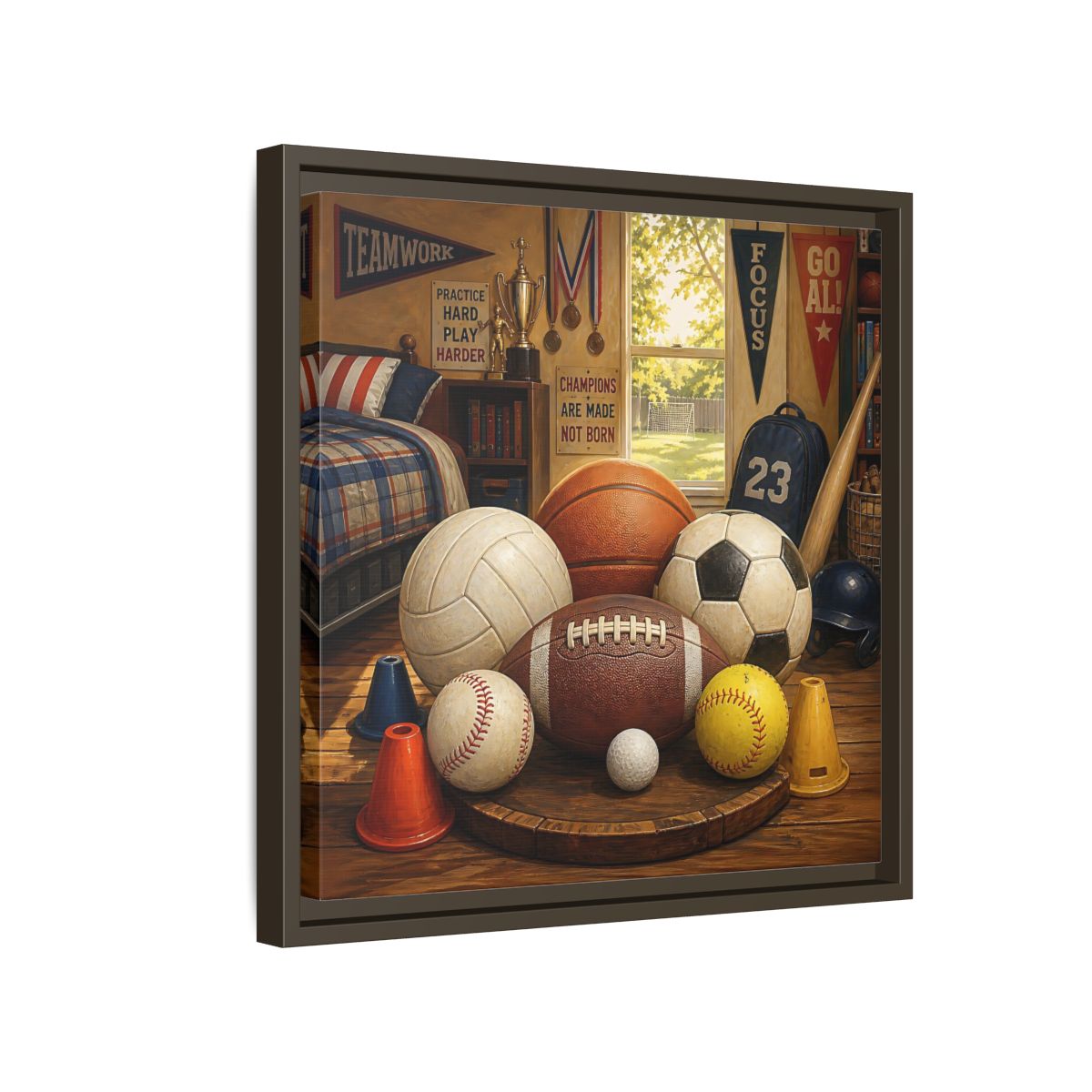 Side Mockup 14. Sports Sports Equipment Sports Room Decor shown as framed canvas print