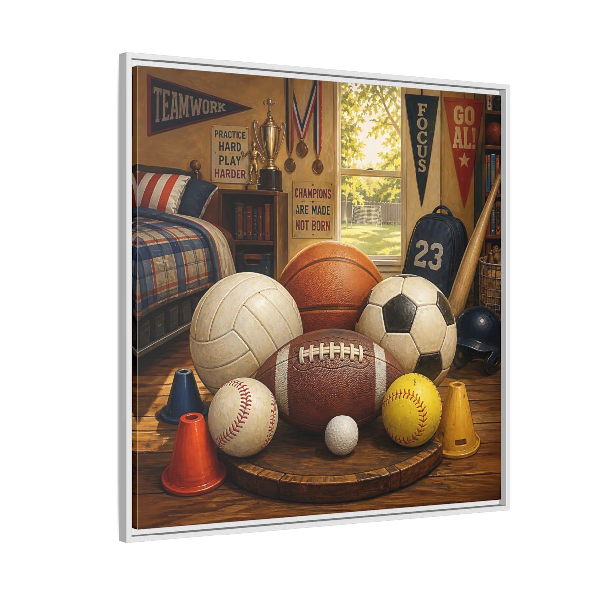 Side Mockup 4. Sports Sports Equipment Sports Room Decor shown as framed canvas print