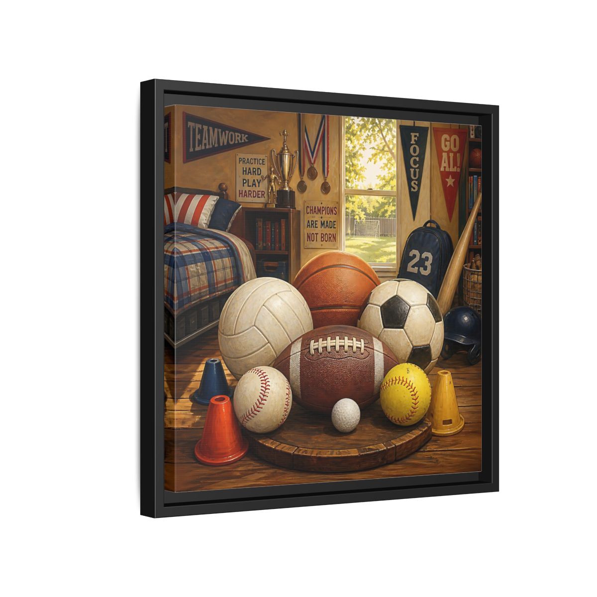 Side Mockup 15. Sports Sports Equipment Sports Room Decor shown as framed canvas print