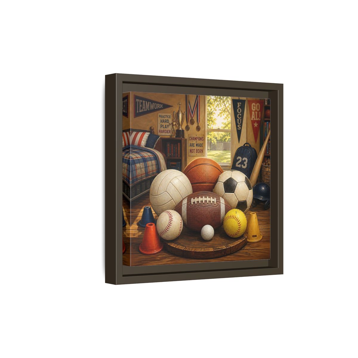 Side Mockup 20. Sports Sports Equipment Sports Room Decor shown as framed canvas print