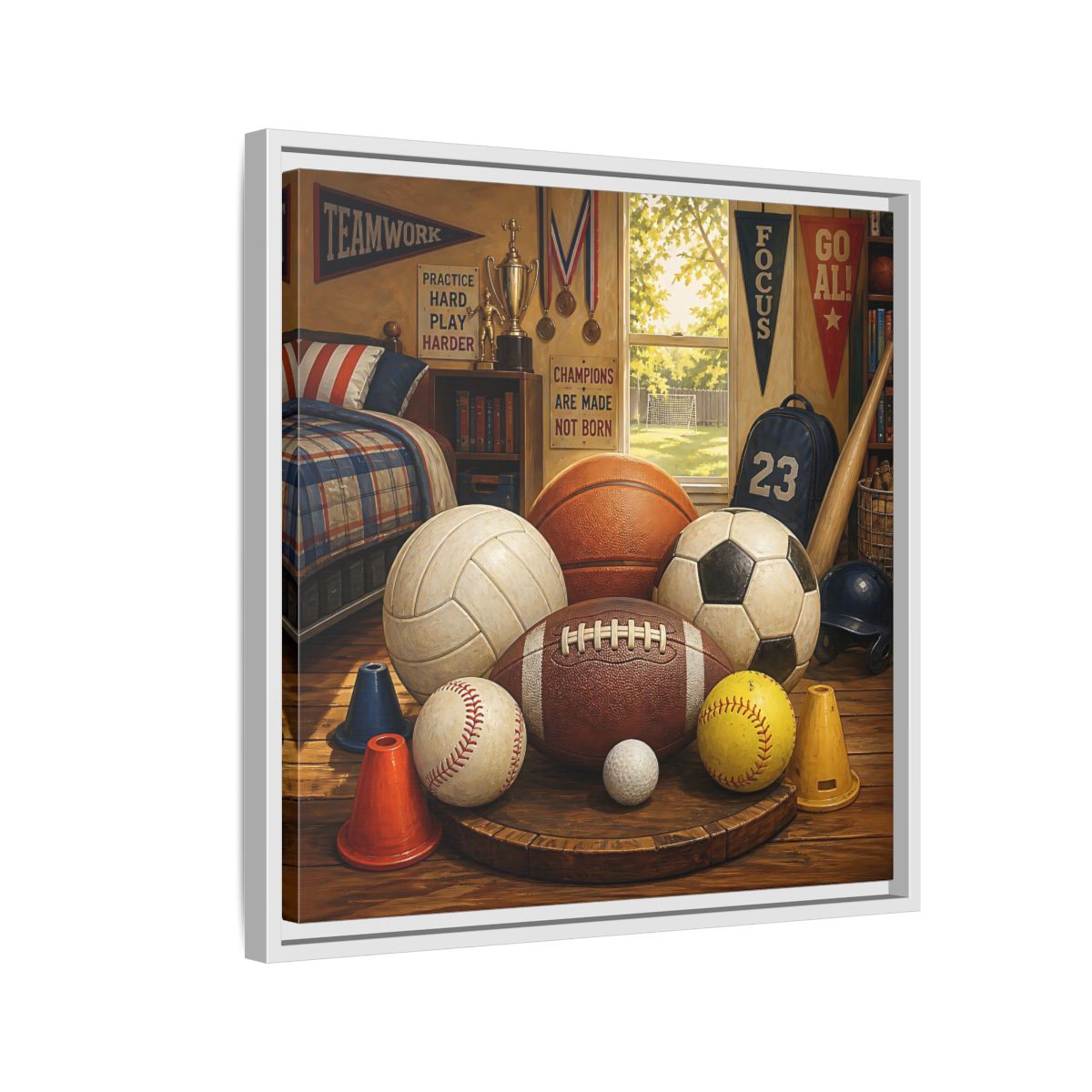 Side Mockup 10. Sports Sports Equipment Sports Room Decor shown as framed canvas print