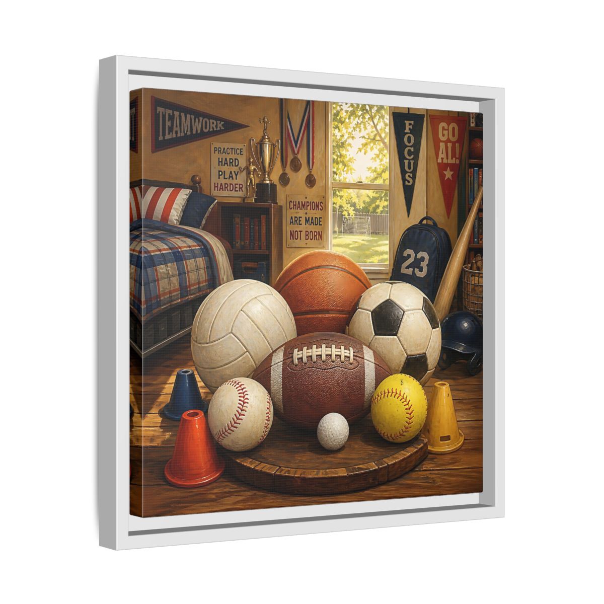 Side Mockup 28. Sports Sports Equipment Sports Room Decor shown as framed canvas print