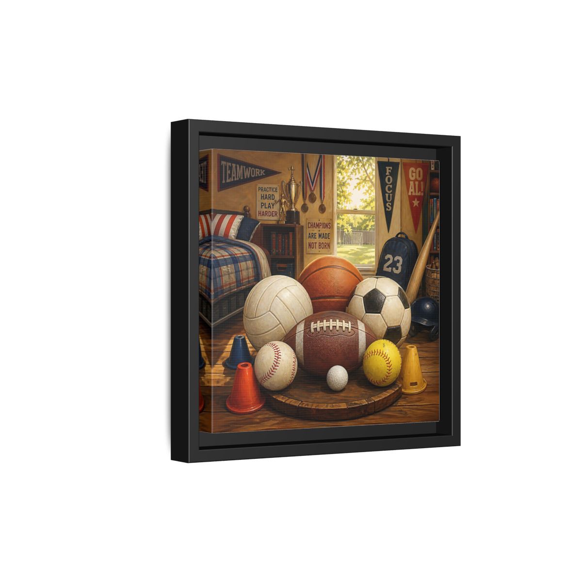 Side Mockup 21. Sports Sports Equipment Sports Room Decor shown as framed canvas print