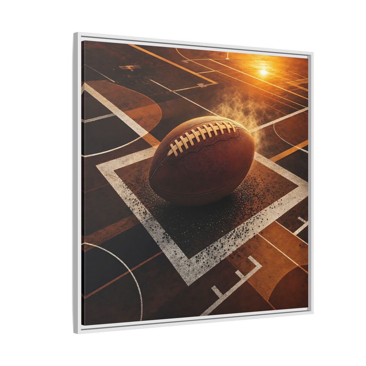 Side Mockup 4. Sports Football Brown And Orange shown as framed canvas print