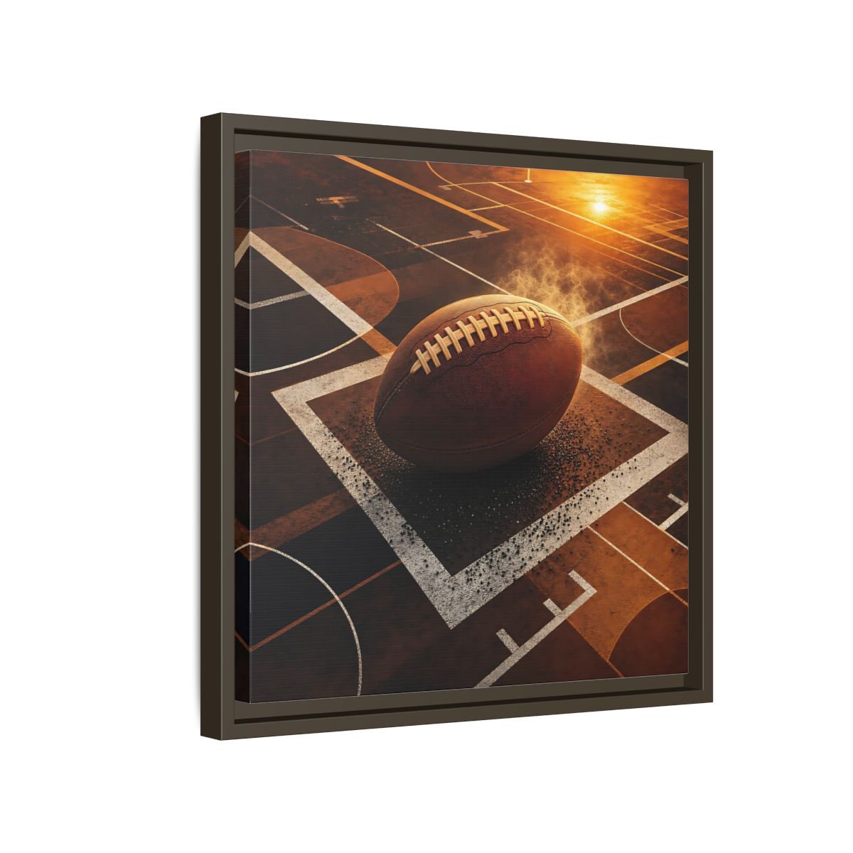 Side Mockup 14. Sports Football Brown And Orange shown as framed canvas print