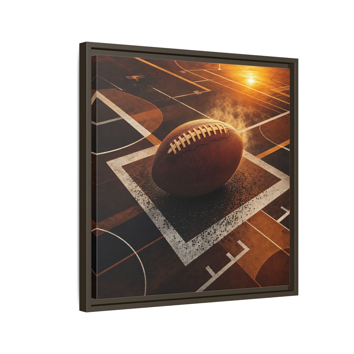 Side Mockup 11. Sports Football Brown And Orange shown as framed canvas print