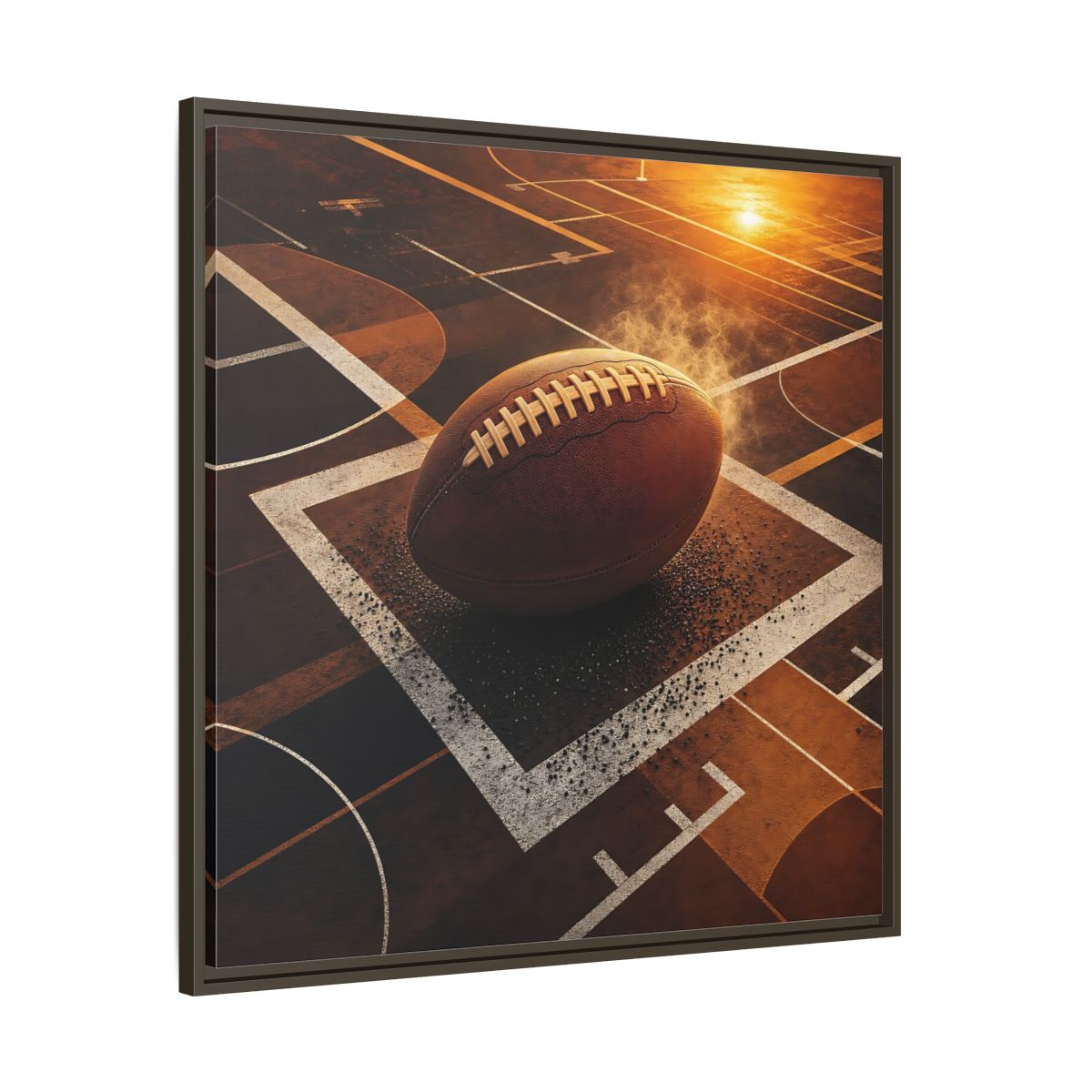 Main Mockup. Sports Football Brown And Orange shown as framed canvas print