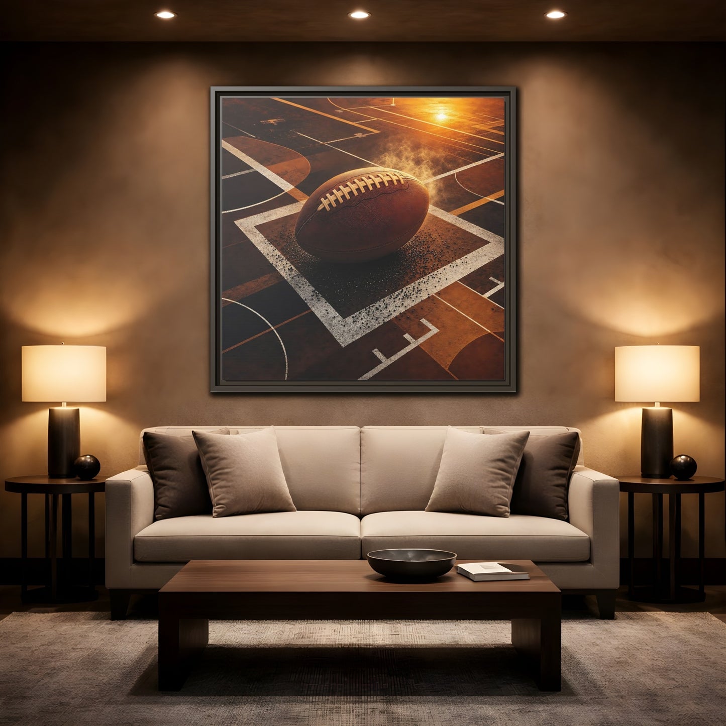 Mockup 2. Sports Football Brown And Orange shown as framed canvas print