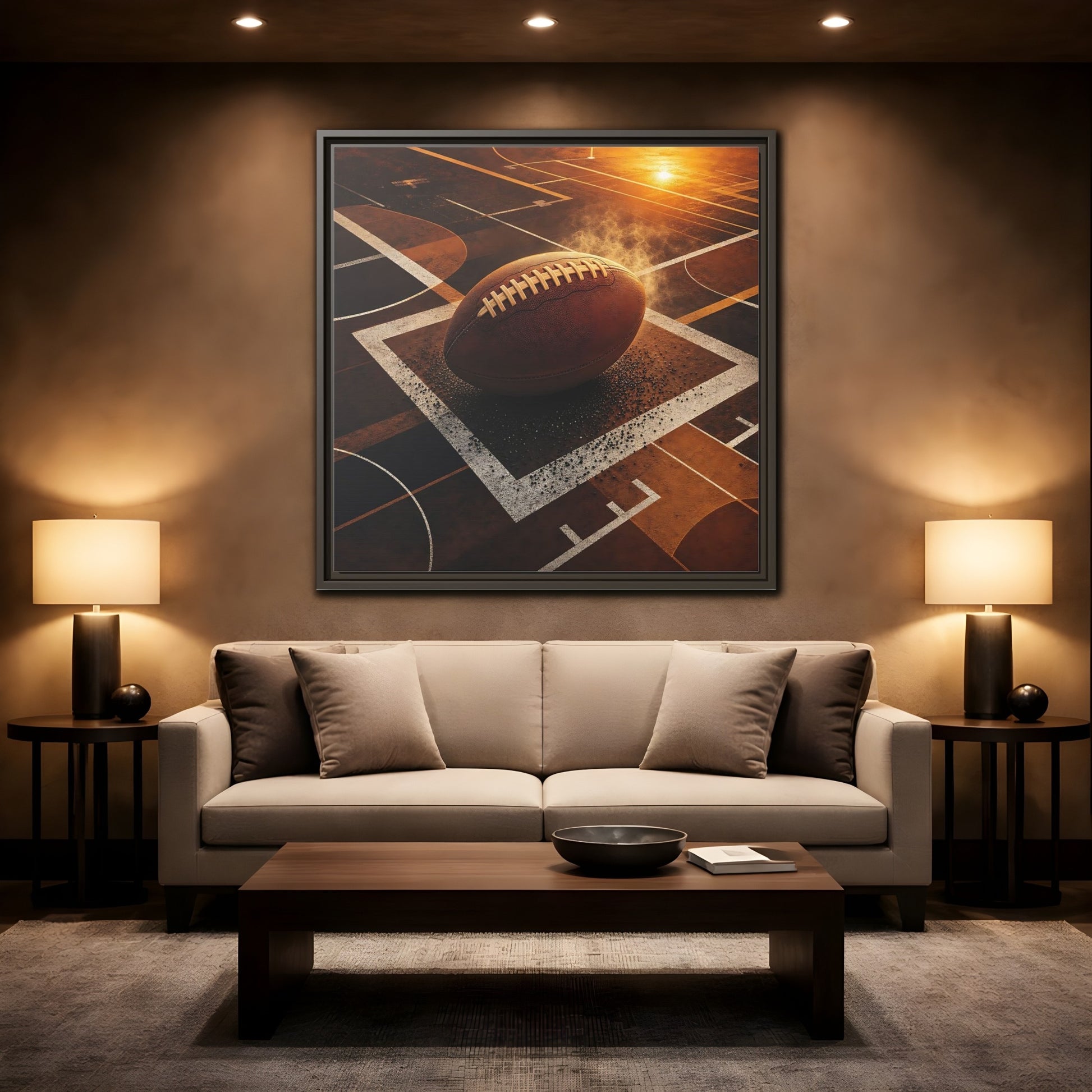 Mockup 2. Sports Football Brown And Orange shown as framed canvas print