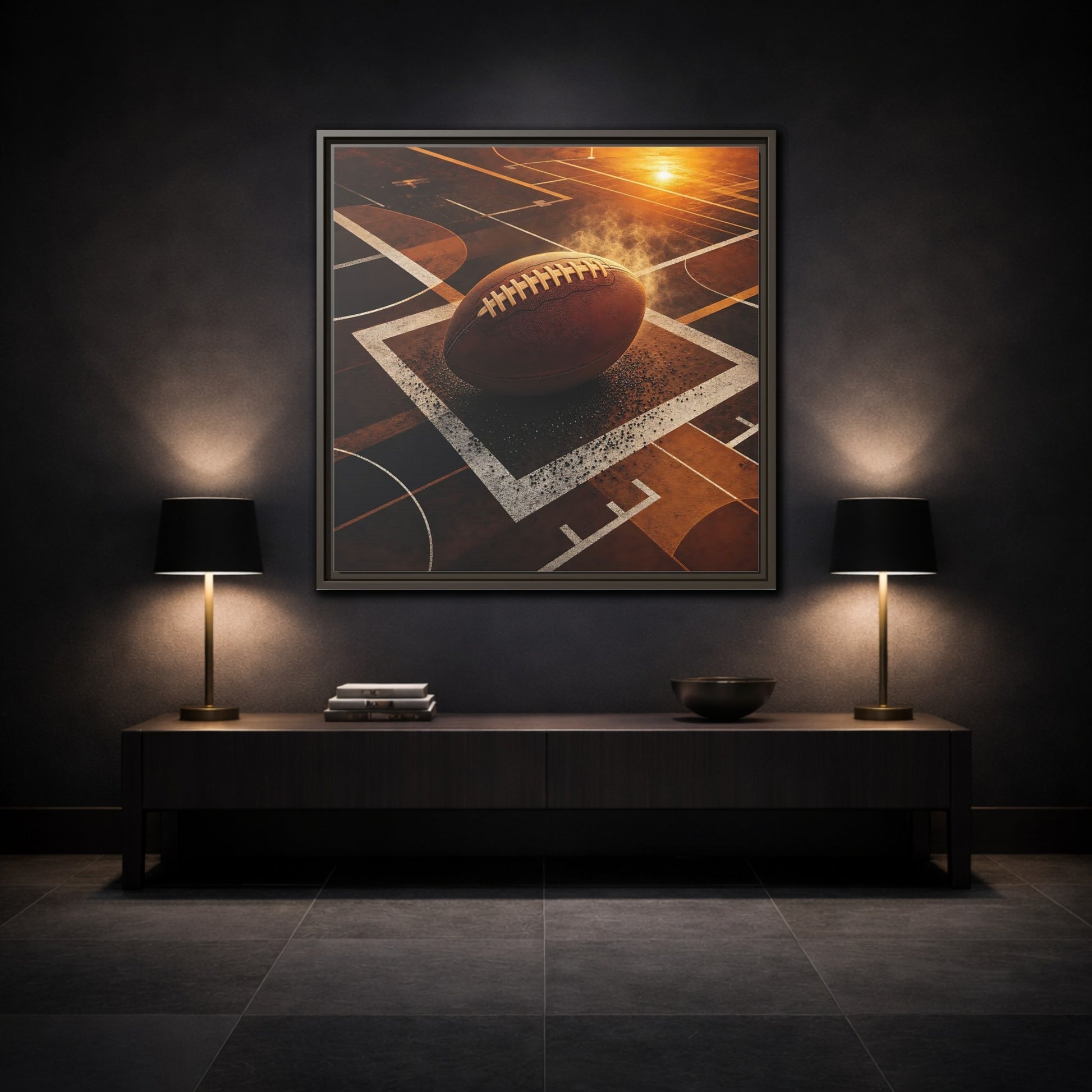 Mockup 3. Sports Football Brown And Orange shown as framed canvas print