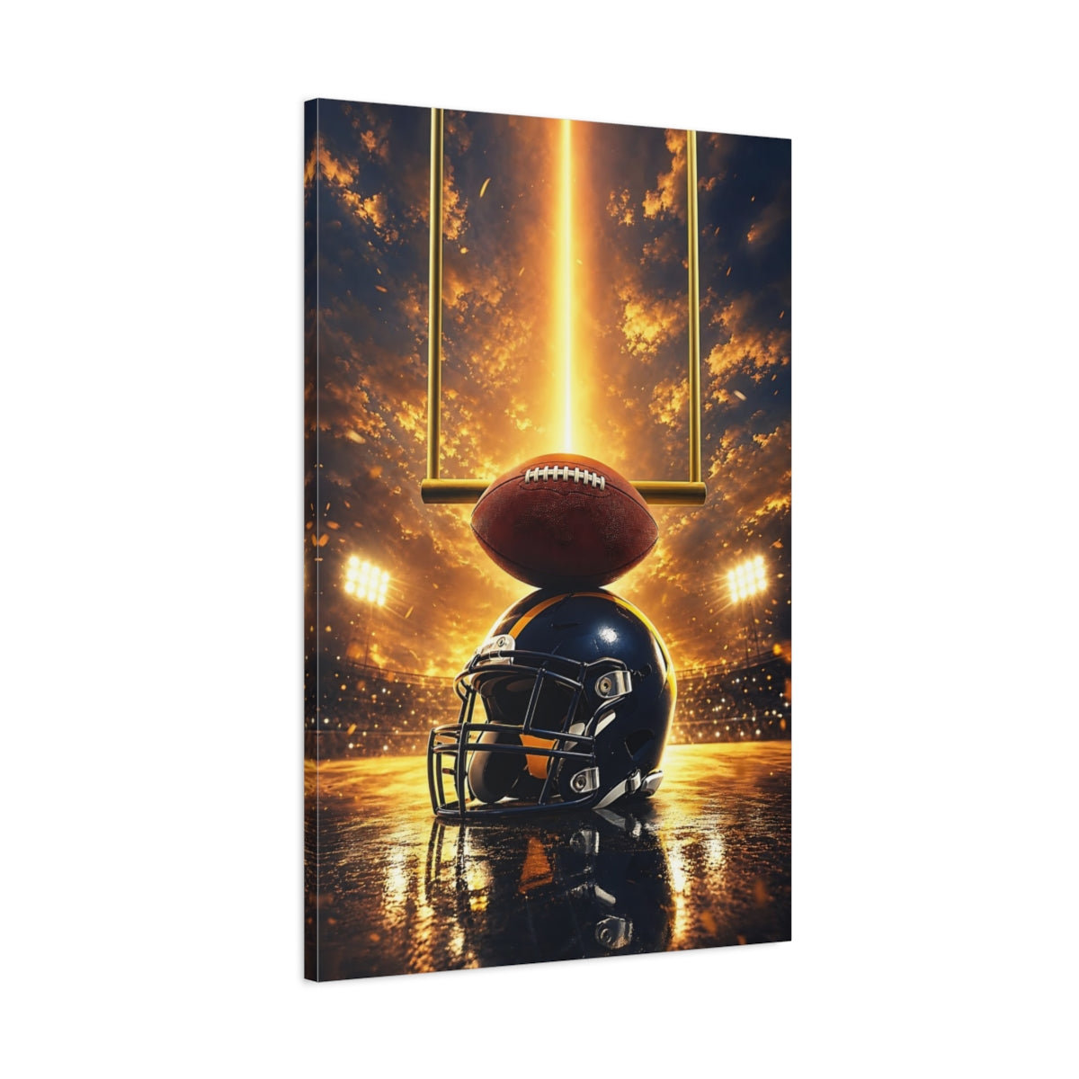 Main Mockup. Sports Football Helmet Gold And Blue shown as canvas print