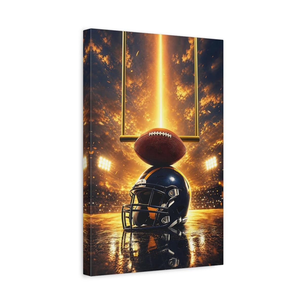 Side Mockup 4. Sports Football Helmet Gold And Blue shown as canvas print