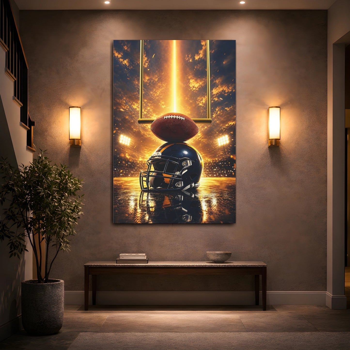 Mockup 2. Sports Football Helmet Gold And Blue shown as canvas print