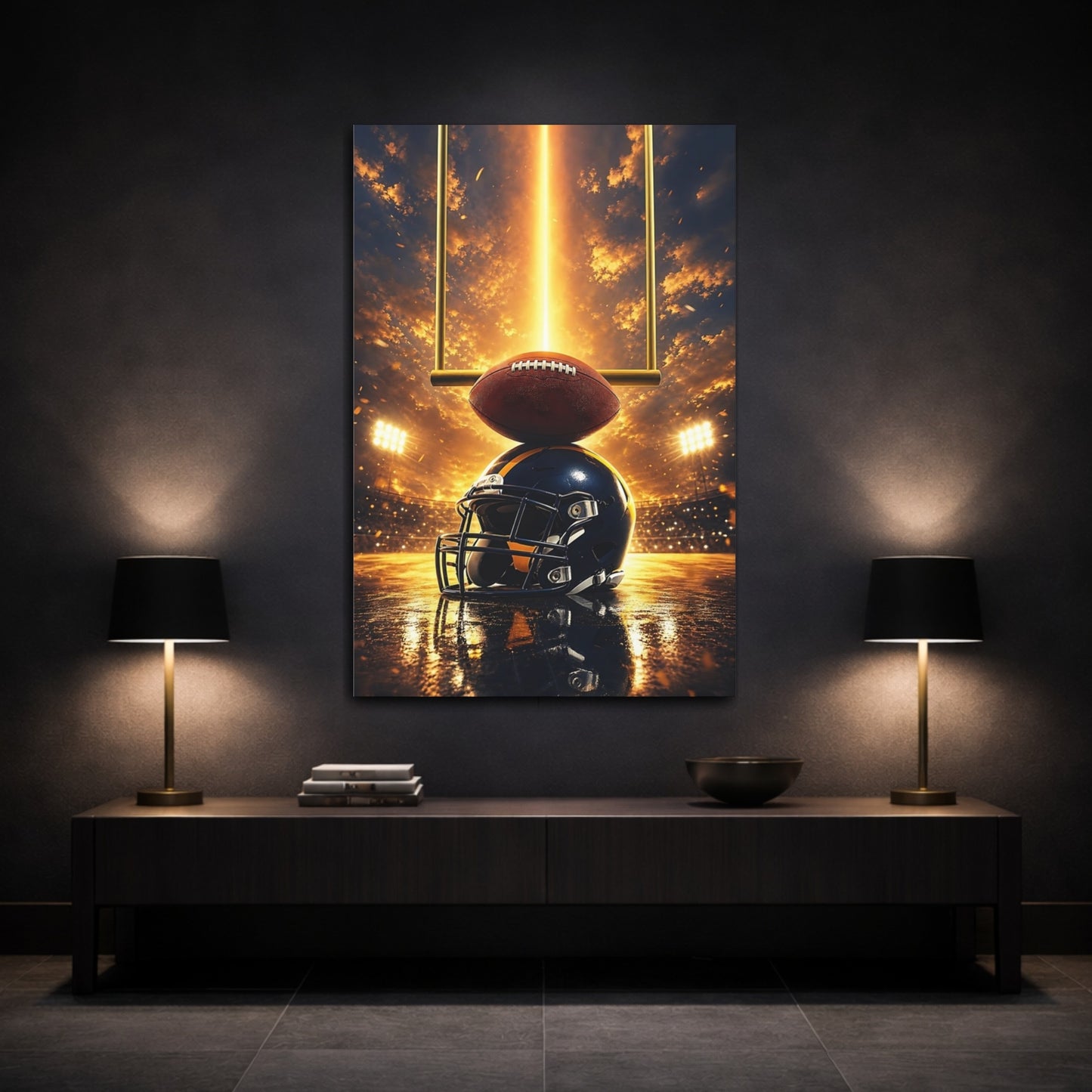Mockup 3. Sports Football Helmet Gold And Blue shown as canvas print