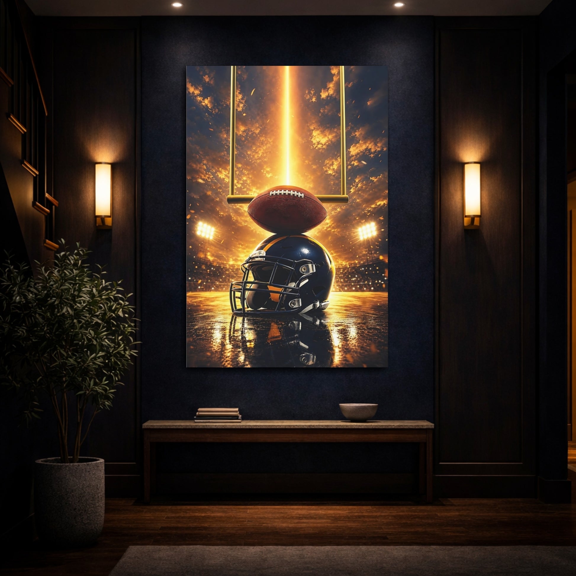 Mockup 4. Sports Football Helmet Gold And Blue shown as canvas print