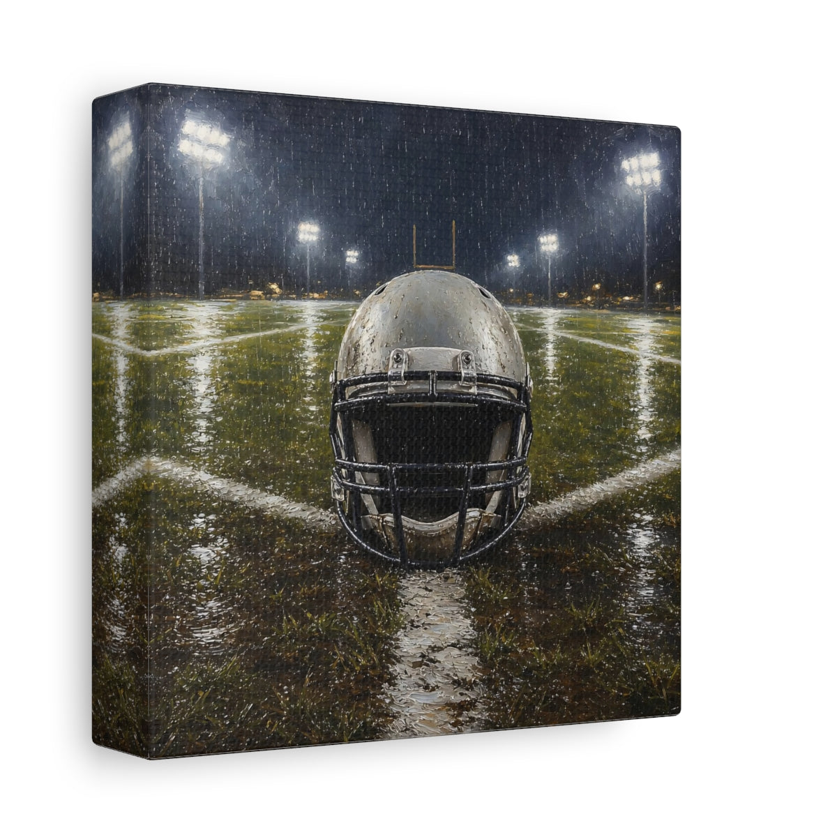 Side Mockup 2. Sports Football Helmet Rainy Football Field shown as canvas print