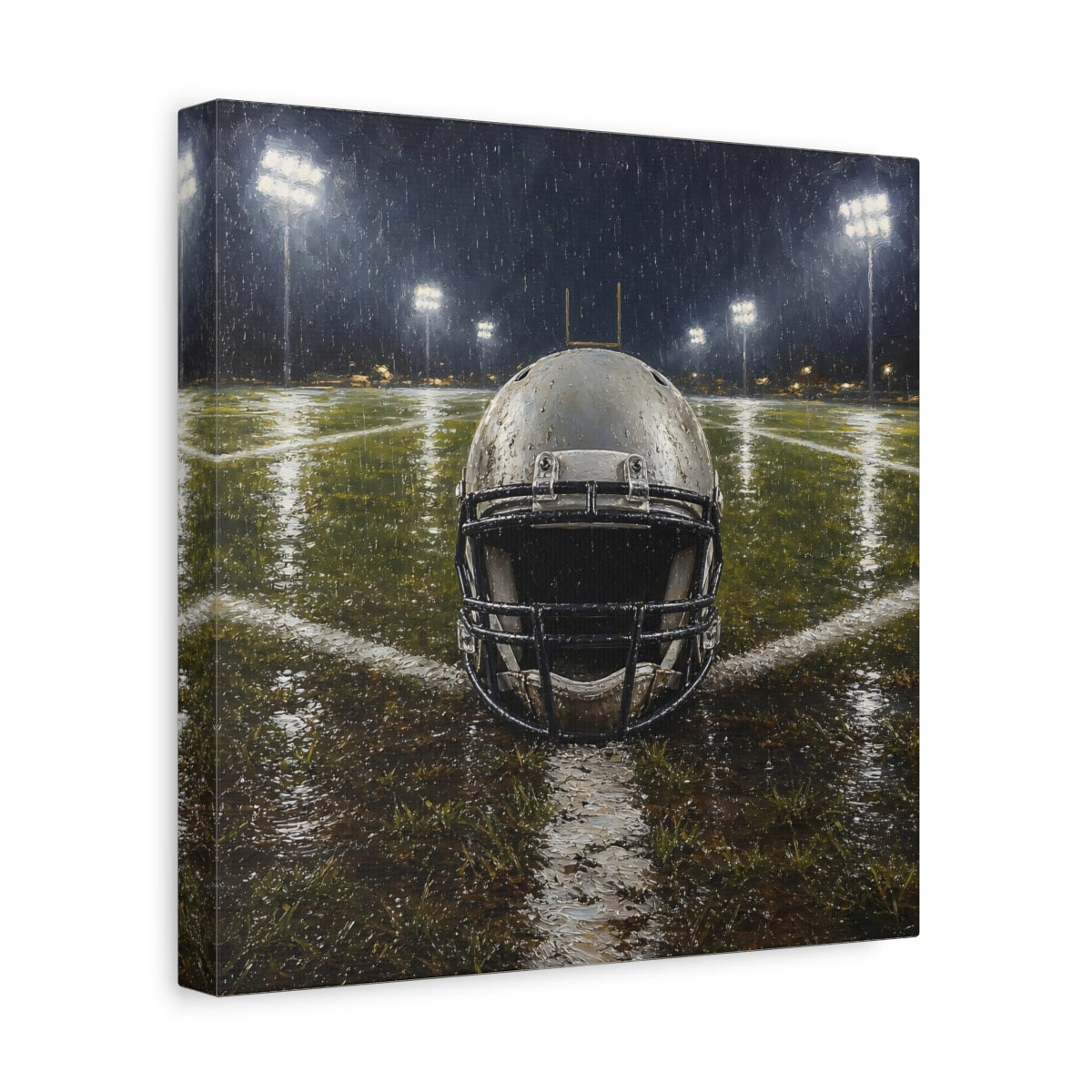 Side Mockup 8. Sports Football Helmet Rainy Football Field shown as canvas print