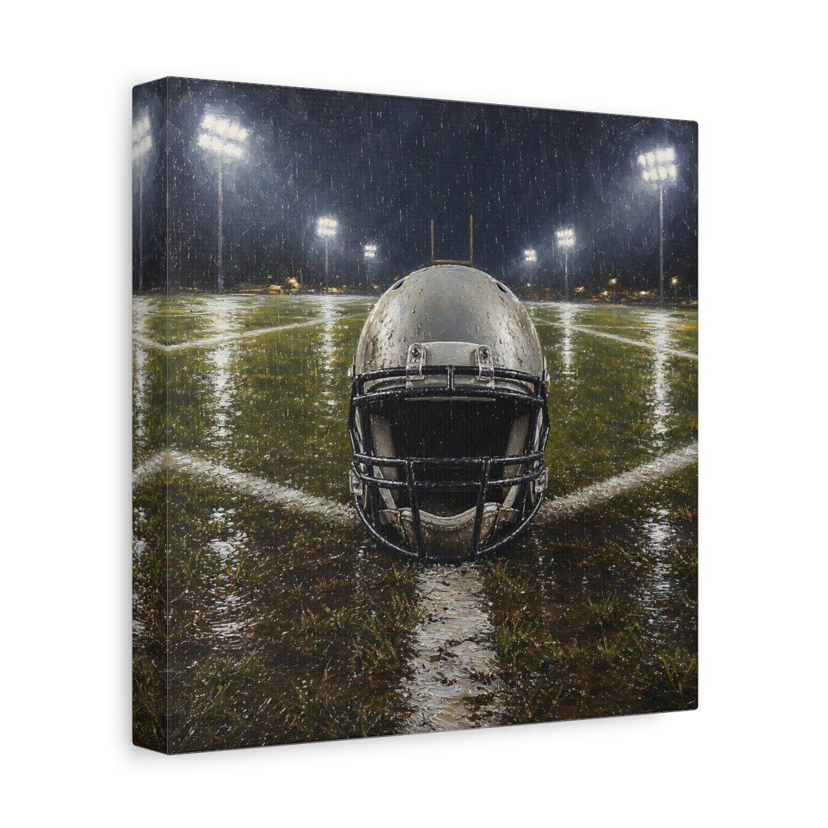 Side Mockup 9. Sports Football Helmet Rainy Football Field shown as canvas print