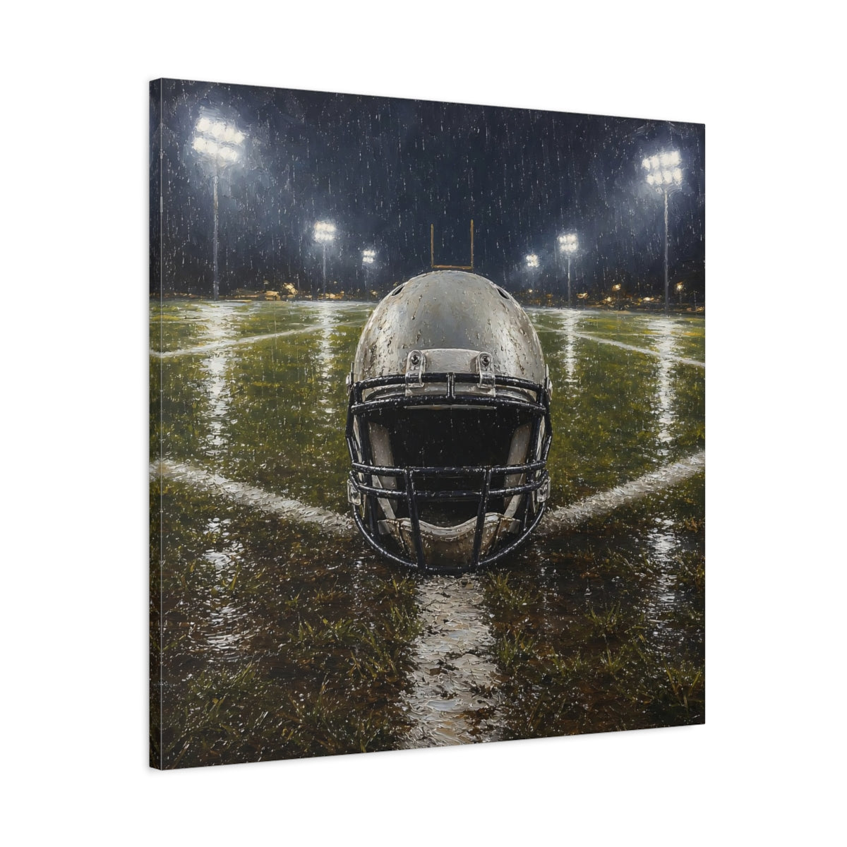 Side Mockup 3. Sports Football Helmet Rainy Football Field shown as canvas print