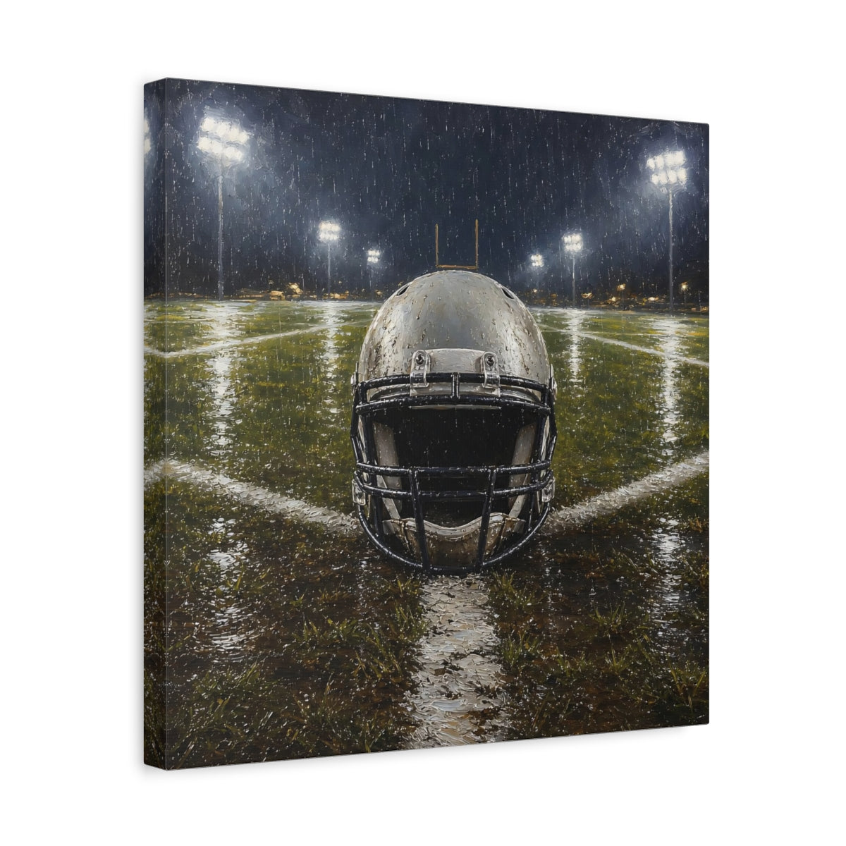 Side Mockup 6. Sports Football Helmet Rainy Football Field shown as canvas print