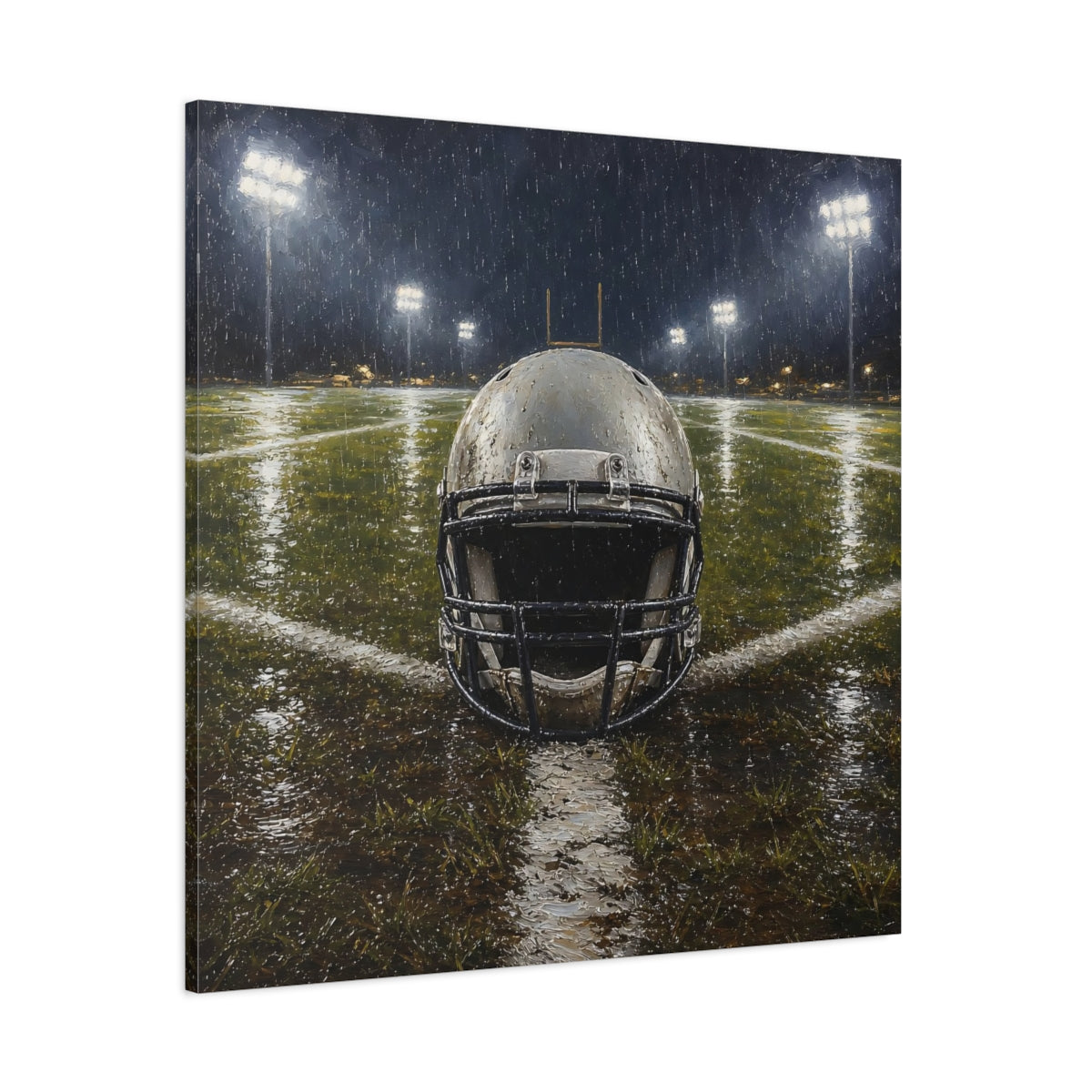 Side Mockup 1. Sports Football Helmet Rainy Football Field shown as canvas print