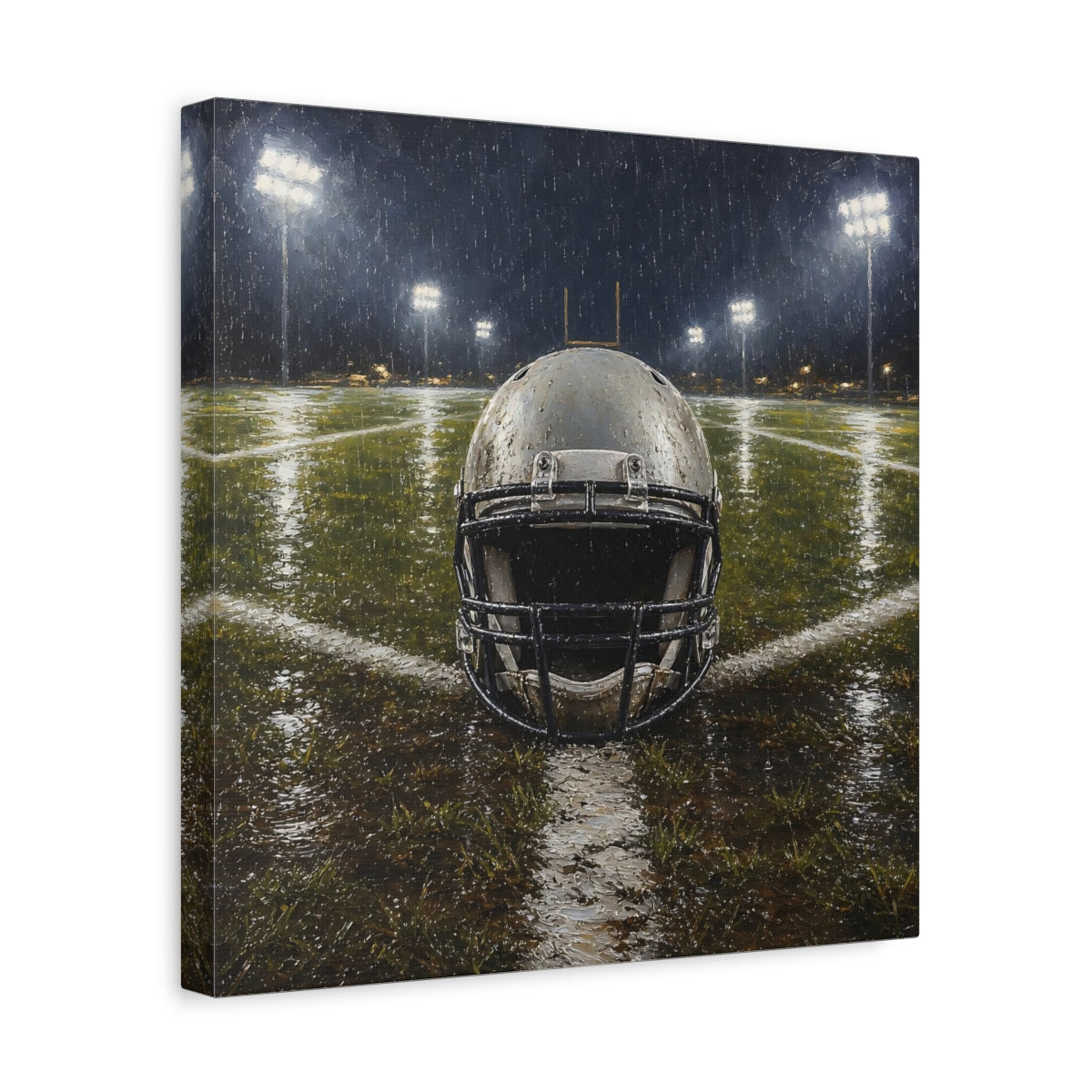 Side Mockup 7. Sports Football Helmet Rainy Football Field shown as canvas print