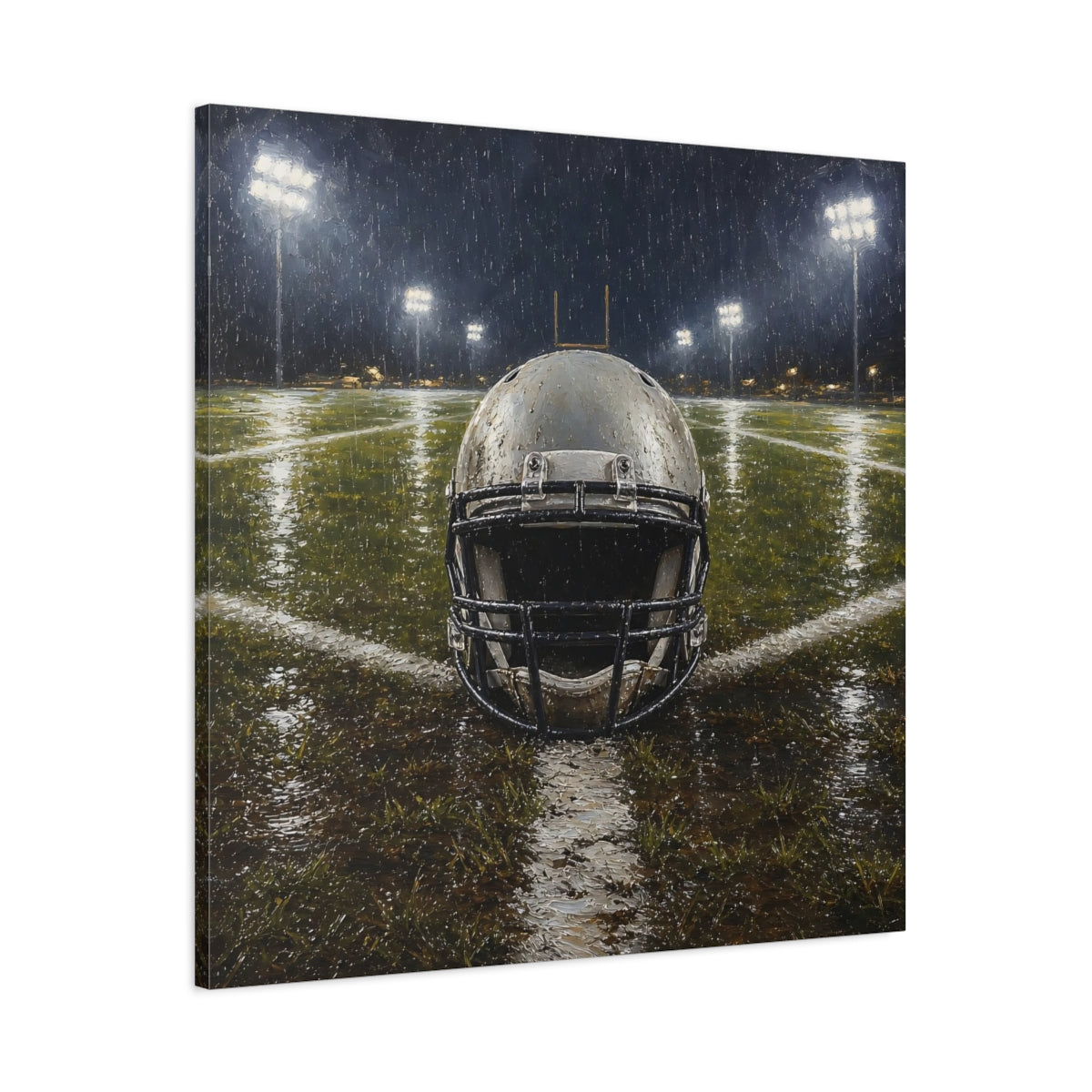 Main Mockup. Sports Football Helmet Rainy Football Field shown as canvas print