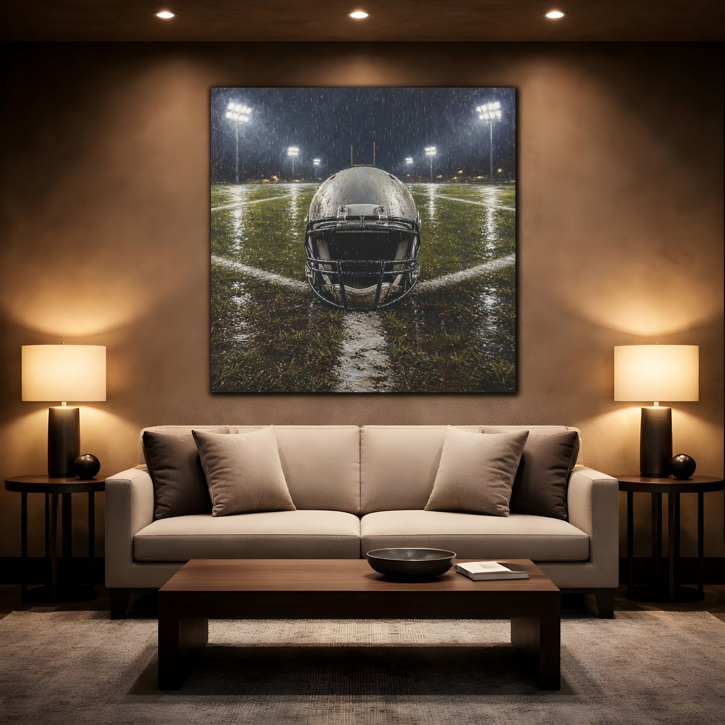 Mockup 2. Sports Football Helmet Rainy Football Field shown as canvas print
