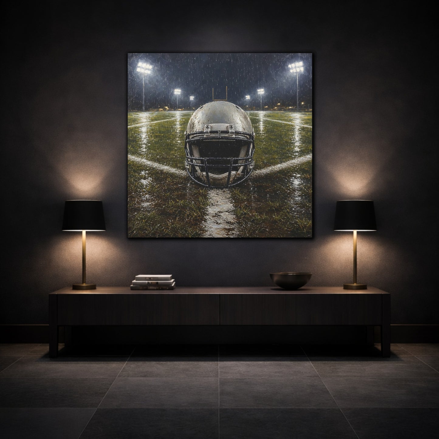 Mockup 3. Sports Football Helmet Rainy Football Field shown as canvas print