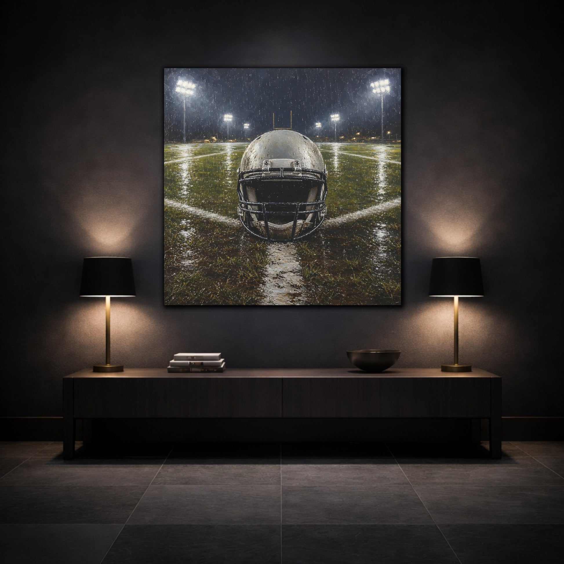 Mockup 3. Sports Football Helmet Rainy Football Field shown as canvas print