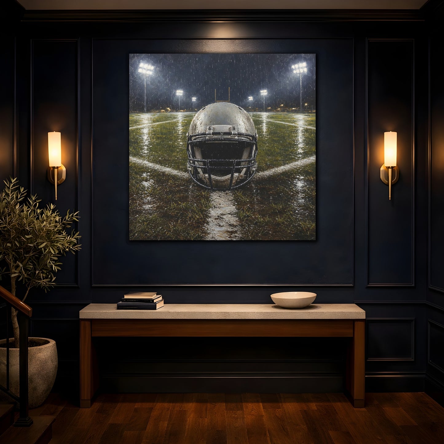 Mockup 4. Sports Football Helmet Rainy Football Field shown as canvas print