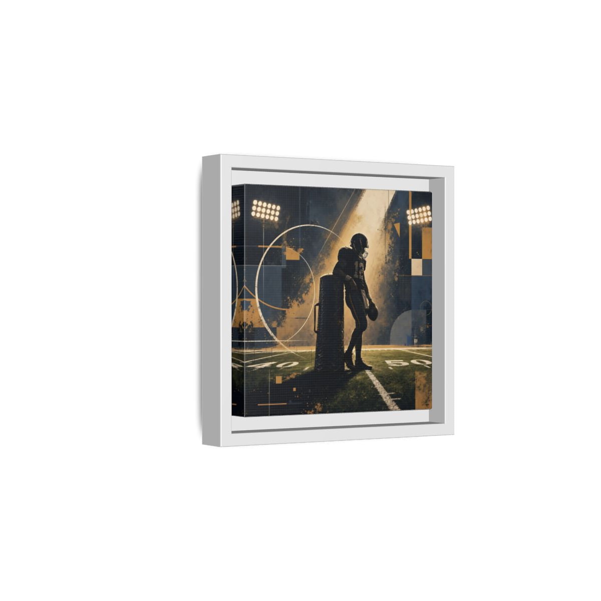 Side Mockup 1. Sports Football Player Blue And Gold Sports shown as framed canvas print